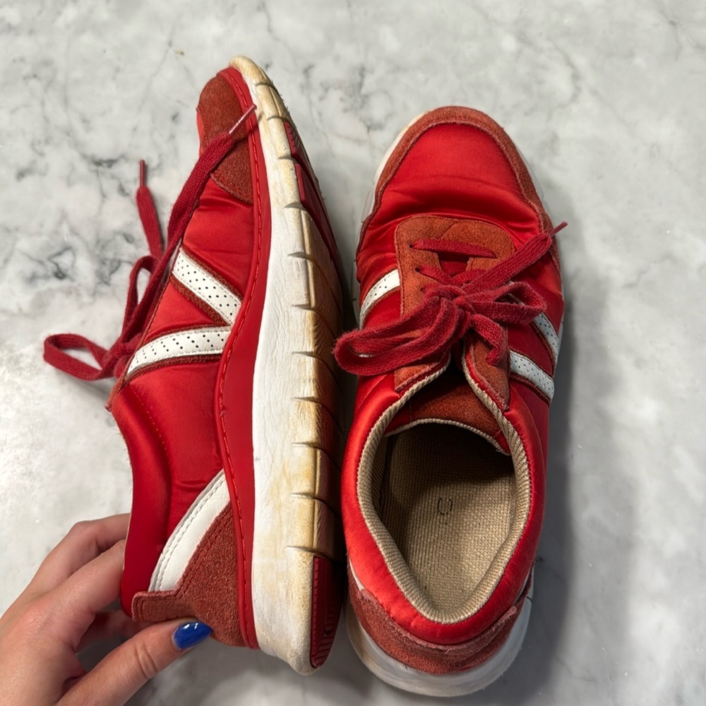 vionic, red and white sneakers